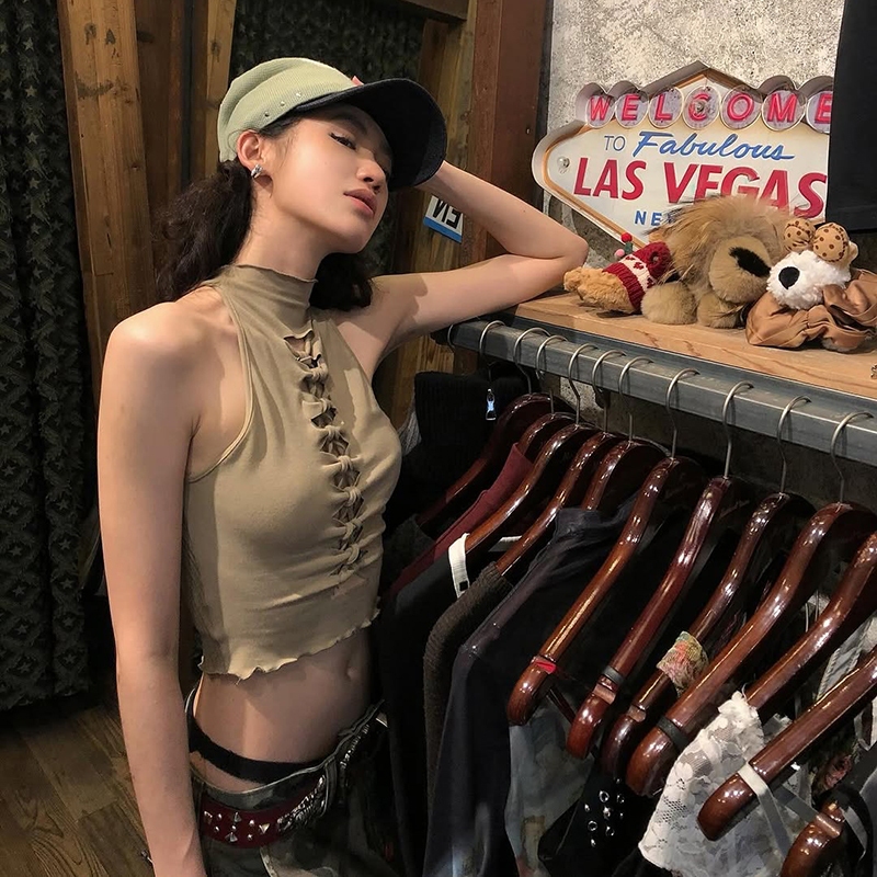 แปลก Puss Solid Bandage Tank Tops เซ็กซี่ Hollow Out Cleavage Skinny รูปเอวปิดไหล่ฤดูร้อนผ่อนคลายเสื้อกั๊กผู้หญิง Street สไตล์