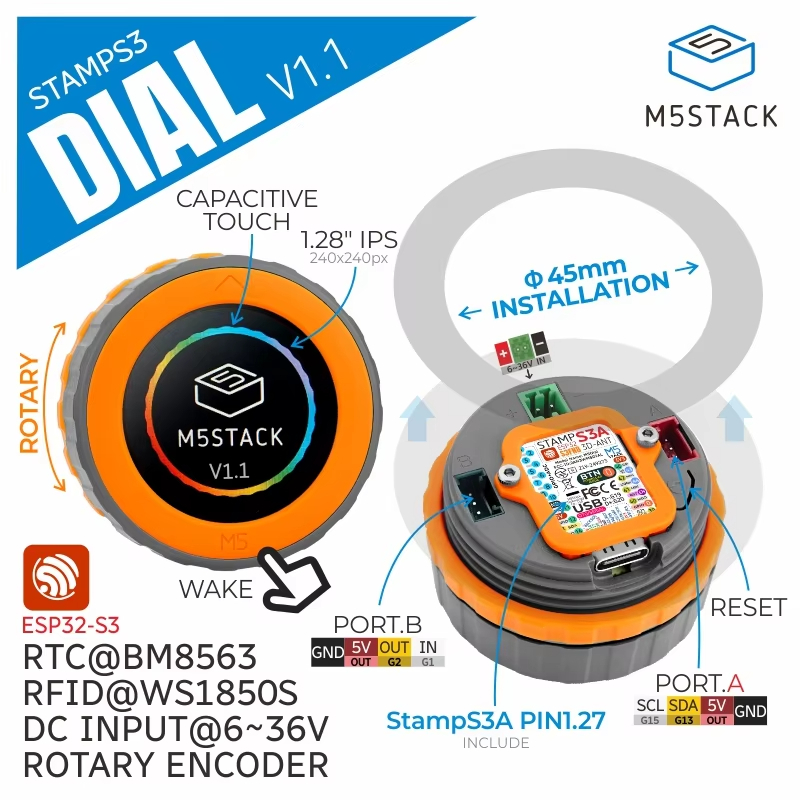 M5Stack Officail Dial v1.1-ESP32-S3 ลูกบิดแบบหมุนอัจฉริยะ w 1.28" หน้าจอสัมผัสทรงกลม