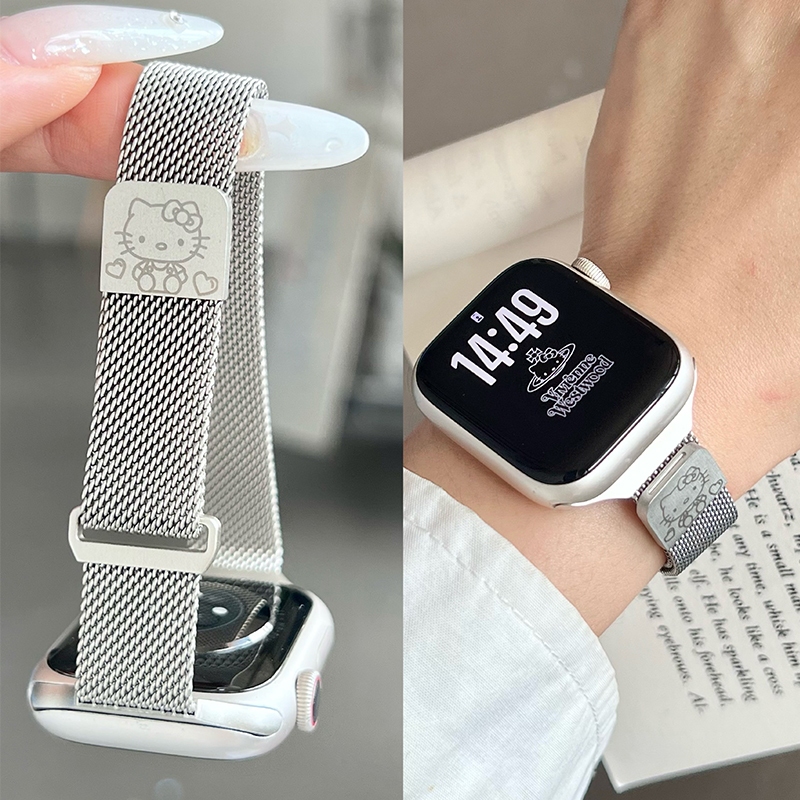 สวัสดี คิตตี้ โลหะแม่เหล็กสําหรับสมาร์ทนาฬิกา 49 มม.41 มม.40 มม.44 มม.45 มม.46 มม.42 มม. พิเศษ 2 การ์ตูนสําหรับ ฉันดู 10 7 8 9 กับ 6 5 4 3