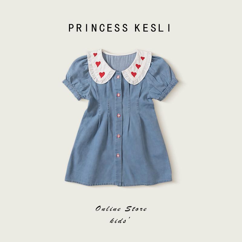 Princess Kesli ชุดเดรสเด็กผู้หญิง คอบัว กระโปรงสีฟ้า ชุดกระโปรงยีนส์ ชุดเดรสยีนส์เด็ก 1-12 ปี