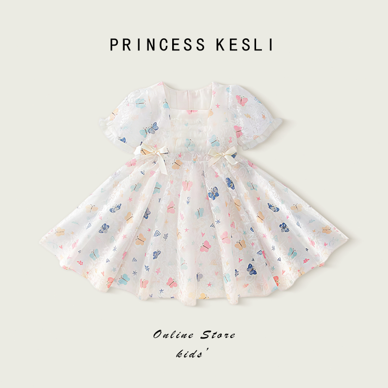 Princess Kesli ชุดเดรสเด็กผู้หญิง คอเหลี่ยม ผ้าฝ้าย ฤดูร้อน พิมพ์ลายเจ้าหญิง เดรสลูกไม้ลายใหม่ ชุดเด็กผู้หญิง 1-11ปี