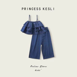 Princess Kesli ชุดเชทเด็กผู้หญิง แขนกุด ผ้ายีนส์ ดเชทเด็ก 2ชิ้น แฟชั่นฤดูร้อน สวมใส่สบาย 1-9ปี