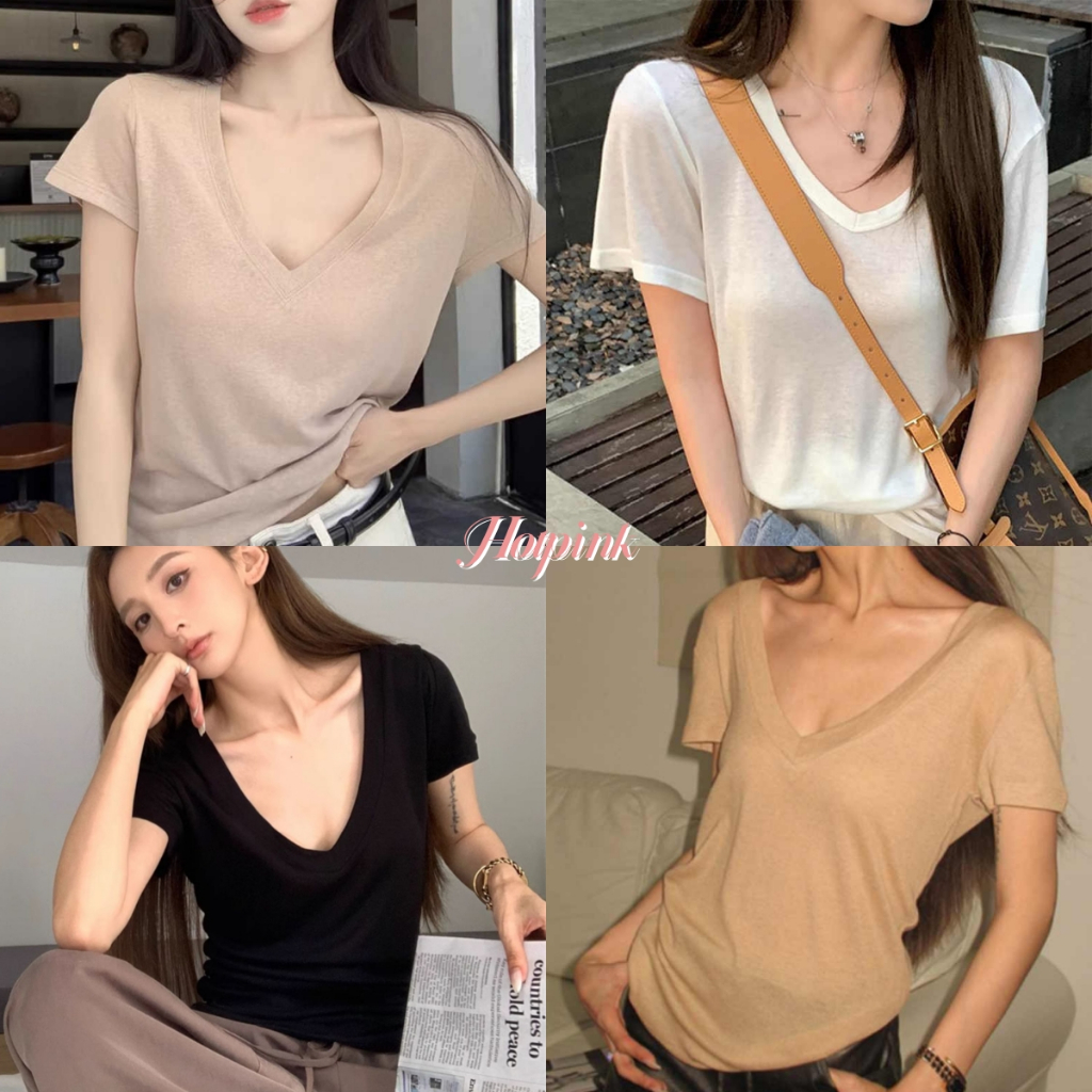 Hotpink ส่งจาก Bangkok เสื้อยืดคอวีโอเวอร์ไซด์ style เสื้อยืดแขนสั้น สำหรับผู้หญิง ทำจากผ้าฝ้ายลินินและผ้าไหมน้ำแข็ง ทรงหลวม มีหลายสีให้เลือก