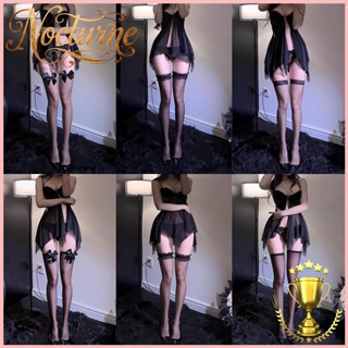 ถุงน่องตาข่ายเหนือเข่าสีดำเซ็กซี่หรูหรา สำหรับผู้หญิง