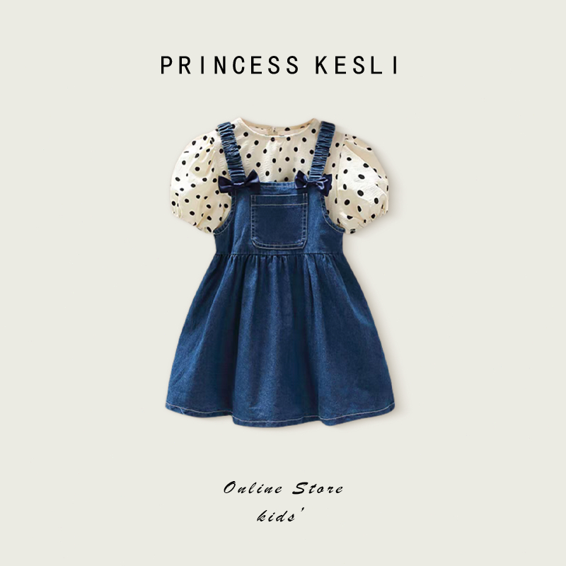 Princess Kesli ชุดเดรสเด็กผู้หญิง สไตล์เกาหลี ชุดเอี๊ยมกระโปรงยีน สำหรับเด็ก 1-7 ปี