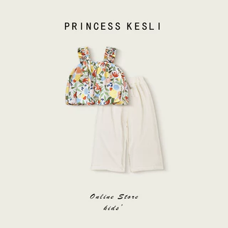 Princess Kesli ชุดเซ็ตแฟชั่นเด็กผู้หญิง เสื้อกล้าม+กางเกงขากว้าง ชุดลายดอกไม้ ชุดเซ็ทเด็กผู้หญิง 1-9ปี
