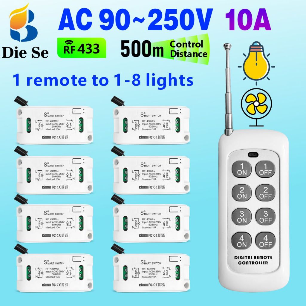 สวิตช์ควบคุมระยะไกลไร้สาย RF 8 ช่อง 433MHz รีเลย์ AC 110V 220V 240V 1/2/3/4/8 ช่อง สำหรับไฟ พัดลม โคมไฟ LED