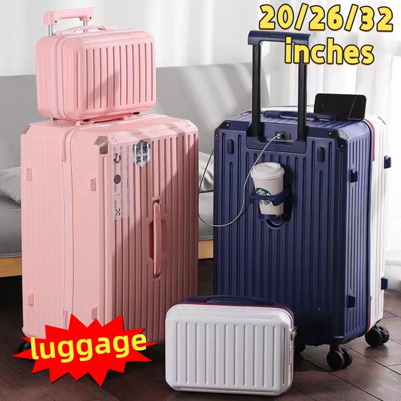 ชุดกระเป๋าเดินทาง 20/26/32 นิ้ว พกพาที่ใส่ถ้วย USB ชาร์จพอร์ต พร้อมกระเป๋าเดินทา