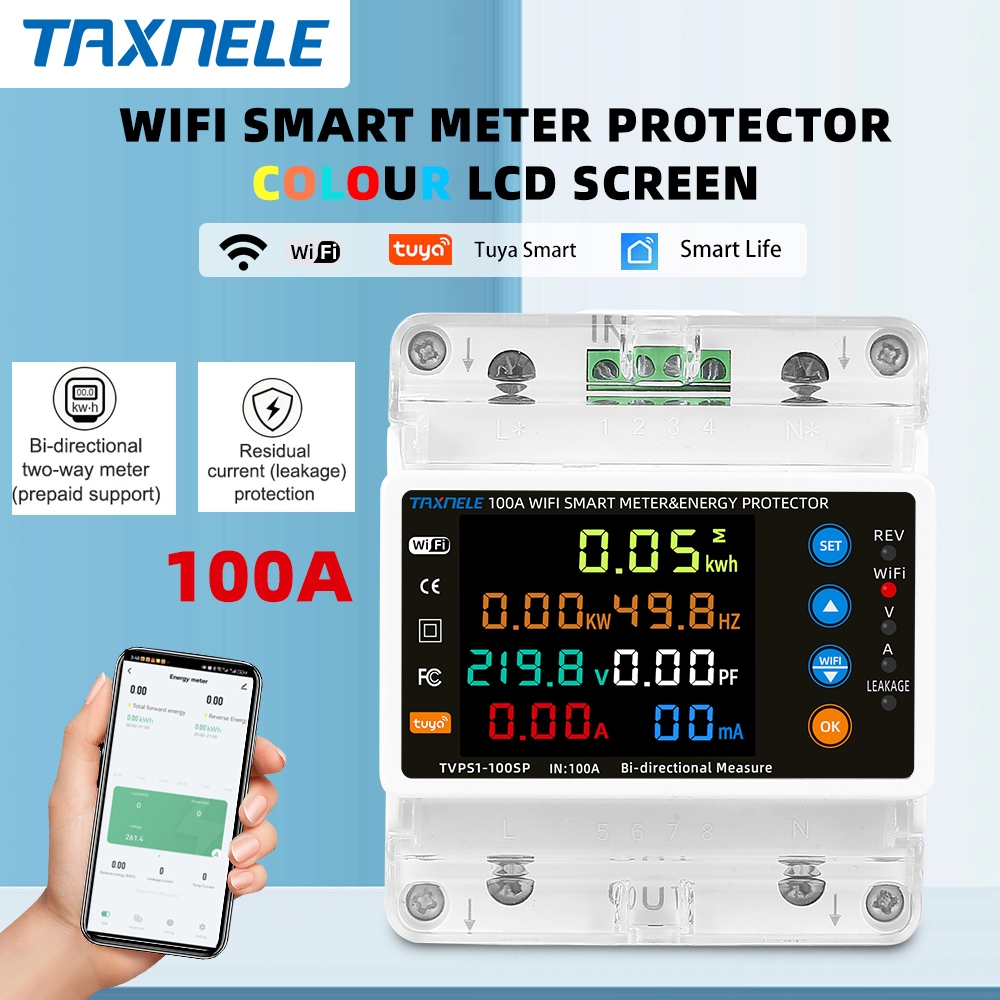 Tuya 2P 100A WiFi สมาร์ท Bi-Directional Energy Power Meter การรั่วไหลแรงดันไฟฟ้าปกป้องจํากัดปัจจุบัน