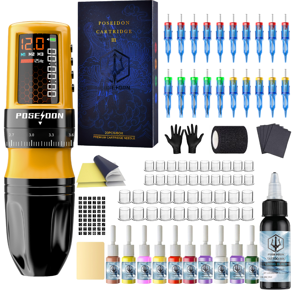 POSEIDON เครื่องสักปากกาพร้อมแหล่งจ่ายไฟไร้สาย 2300mAH และตลับเข็ม 20 ชิ้น สําหรับศิลปิน