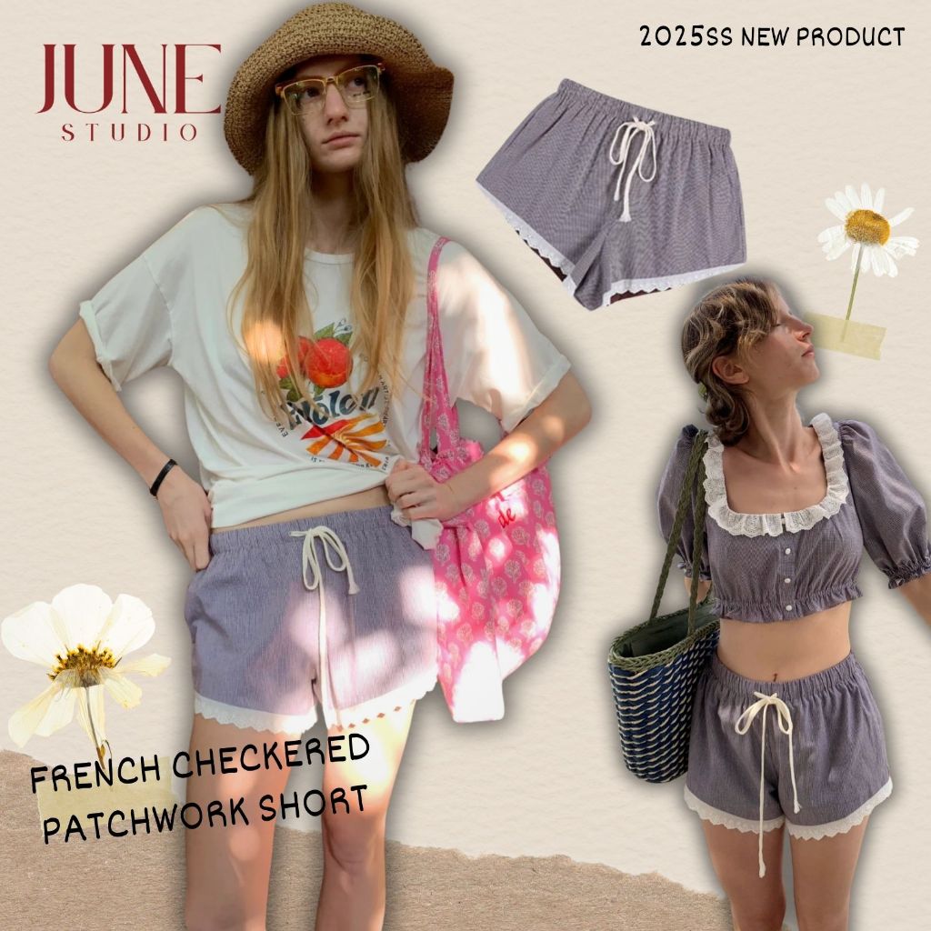 [June Studio] กางเกงขาสั้นเอวสูงลูกไม้ สไตล์ฝรั่งเศสและสก็อต สำหรับผู้หญิง ฤดูร้อน ทรงเพรียวบาง