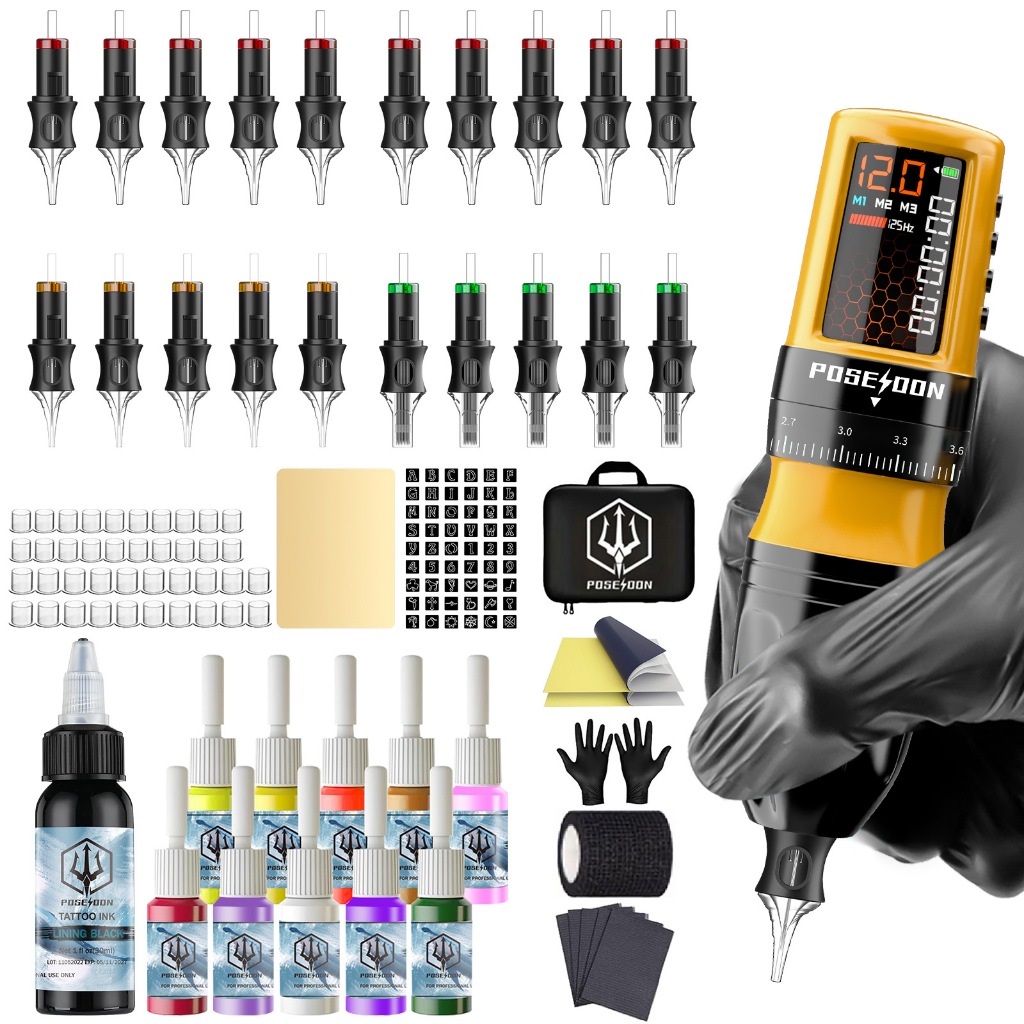 POSEIDON Tattoo Pen Kit- เครื่องสักไร้สาย, จอแสดงผล LED ดิจิตอลพร้อมแหล่งจ่ายไฟความจุ 2300mAh และตลับเข็มสัก 20 ชิ้นสําหรับศิลปิน