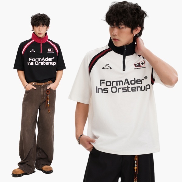 ⚡ProMan⚡แขนสั้นซิปครึ่งวินเทจสไตล์อเมริกัน  สีต่อ  ชุดคู่รักยอดนิยม  oversize