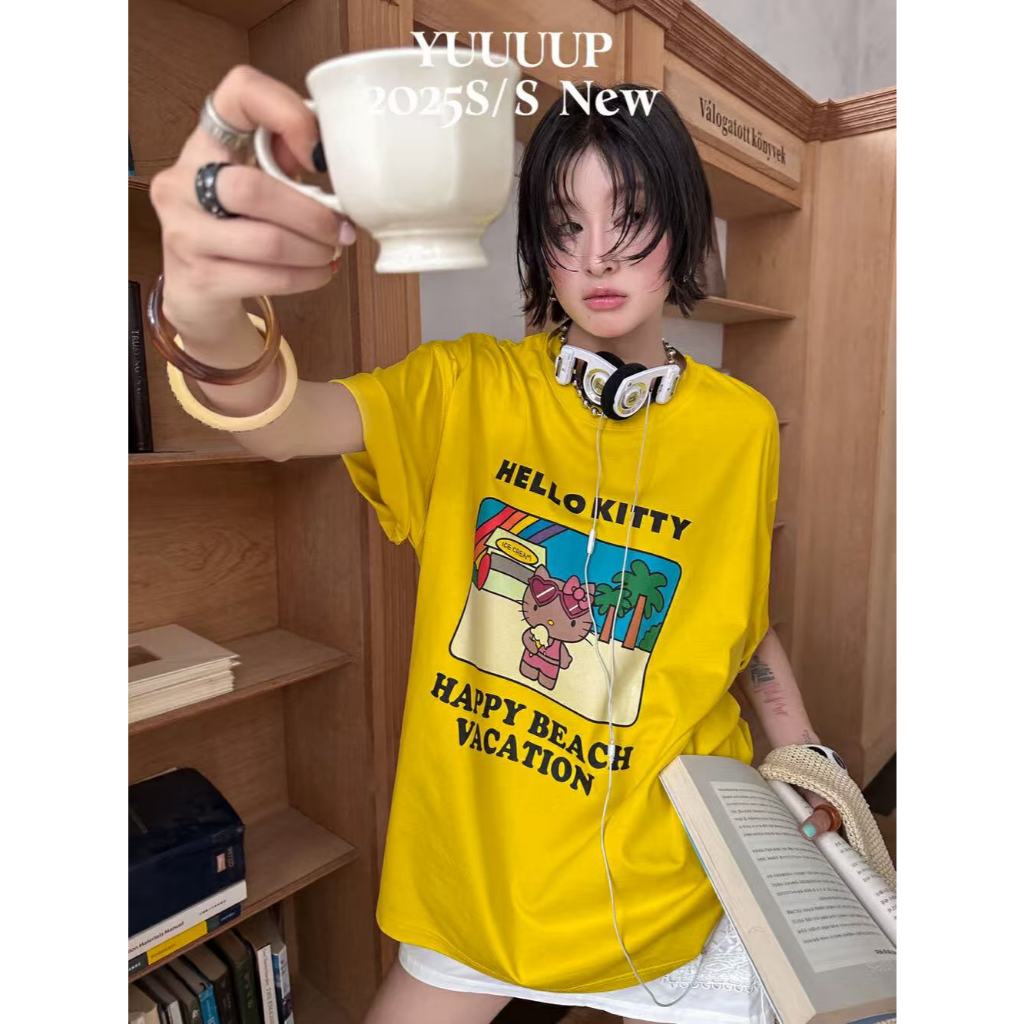 เสื้อoversizeแขนสั้น ผ้าฝ้าย100% ลายการ์ตูนคอกลม สไตล์ยืด