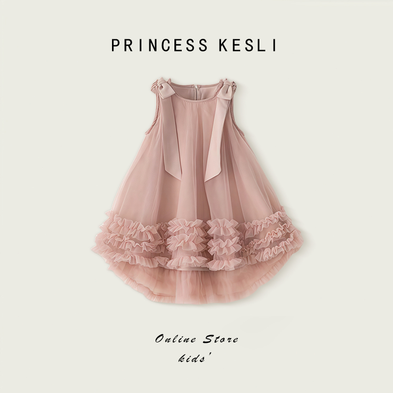 Princess Kesli ชุดเดรสเด็กผู้หญิง แขนกุด โบว์ประดับ ชุดราตรีเด็กเกาหลี หวานเสื้อผ้าเด็ก สำหรับเด็กผู้หญิง 1-12ปี