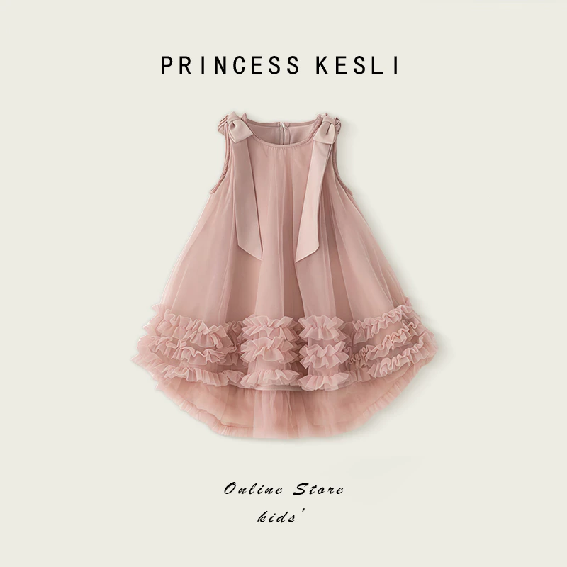 Princess Kesli ชุดเดรสเด็กผู้หญิง แขนกุด โบว์ประดับ ชุดราตรีเด็กเกาหลี หวานเสื้อผ้าเด็ก สำหรับผู้หญิง 1-12ปี