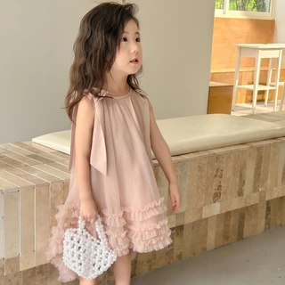 Princess Kesli ชุดเดรสเด็กผู้หญิง แขนกุด โบว์ประดับ ชุดราตรีเด็กเกาหลี หวานเสื้อผ้าเด็ก สำหรับผู้หญิง 1-12ปี