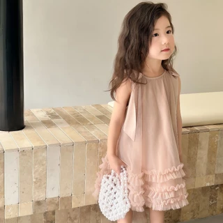 Princess Kesli ชุดเดรสเด็กผู้หญิง แขนกุด โบว์ประดับ ชุดราตรีเด็กเกาหลี หวานเสื้อผ้าเด็ก สำหรับผู้หญิง 1-12ปี