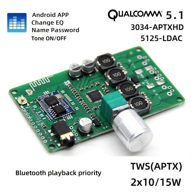 APP เปลี่ยนชื่อรหัสผ่าน EQ บลูทูธ 5.1 Qualcomm LDAC QCC5125 APTXHD QCC3034 ลูกบิด AUX คู่กล่อง TWS เครื่องขยายเสียง 2x10W15W