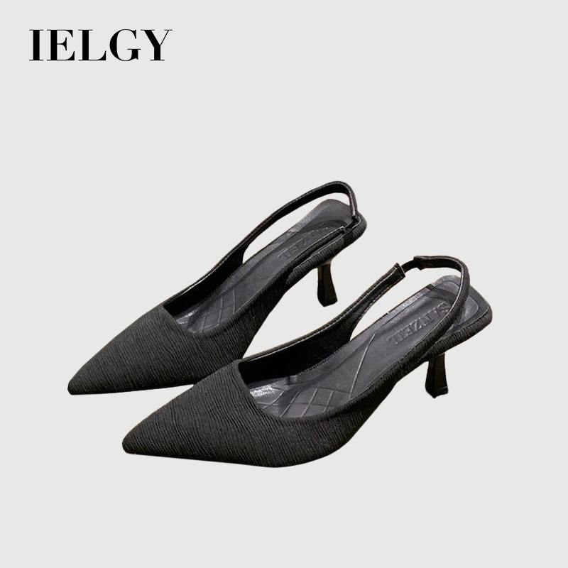 IELGY รองเท้าแตะนิ้วเท้าส้นสีดําฝรั่งเศสผู้หญิง 2025 ส้นกริชหัวแหลม