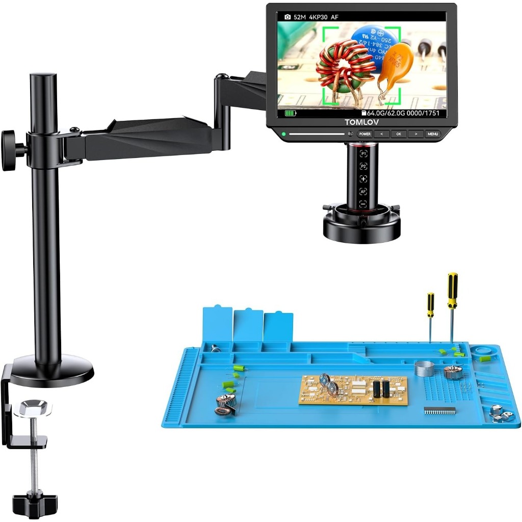 TOMLOV TM4K-AF 4K ออโต้โฟกัสกล้องจุลทรรศน์ดิจิตอล - หน้าจอ LCD ขนาด 8 นิ้ว, Flex Arm HDMI | สําหรับบัดกรีไมโครตรวจสอบเหรียญ | 52MP ไฟวงแหวน แผ่นรองซ่อม & 64G