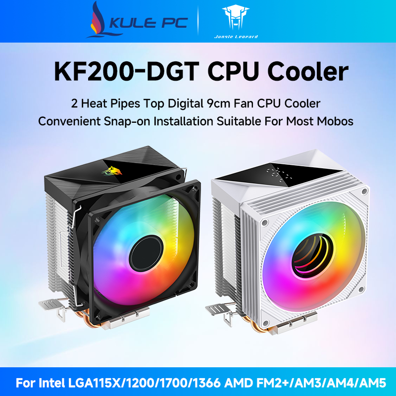 Jungle Leopard K200 KF200 Digital CPU Cooler สี LED สีดํา/สีขาว 2 ท่อความร้อน 9 ซม.พัดลม 3PIN อุณหภูมิจอแสดงผลดิจิตอลสําหรับ Intel LGA1155 LGA1366 LGA1700 AMD FM2 + AM4 AM5
