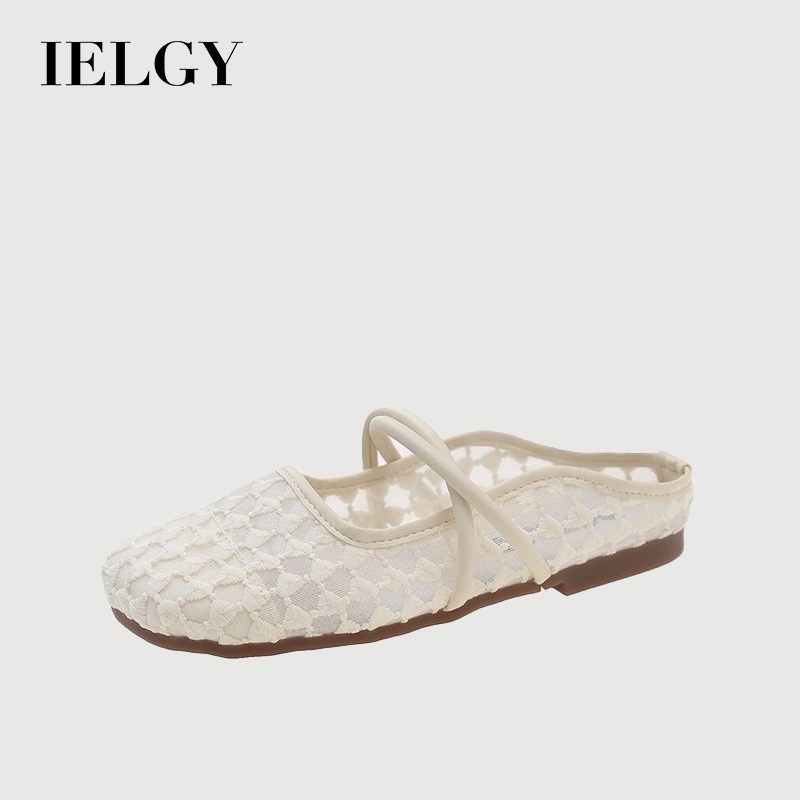 IELGY เวอร์ชั่นเกาหลีใหม่ของปี 2025 ฤดูร้อนตาข่ายแบนลูกไม้นิ้วเท้าพลิกรองเท้าแตะไม่มีส้น