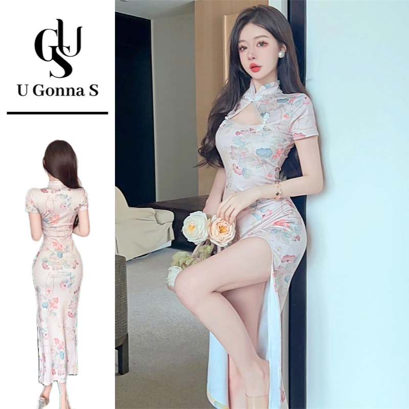 U Gonna S ชุดสตรียาว Cheongsam 2025 พร้อมผ่าข้างแขนสั้นพิธีจีนคอ Bodycon Elegant เซ็กซี่แฟชั่นยืดอาหารค่ํา Party ชุดราตรีดอกไม้ Plus ขนาด