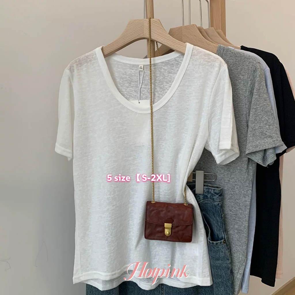 Hotpink ส่งจาก Bangkok🔥เสื้อยืดแขนสั้น สำหรับผู้หญิง ทำจากผ้าฝ้ายลินินและผ้าไหมน้ำแข็ง ทรงหลวม มีหลายสีให้เลือก คอกลม+คอวี S-2XL