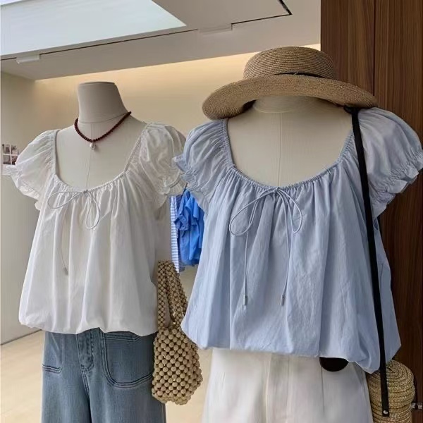 เสื้อแขนสั้นสไตล์เกาหลีสำหรับสุภาพสตรี ออกแบบหลวม สแควร์คอนคอตตอน