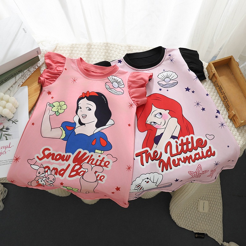 สาวสบายๆการ์ตูนเสื้อยืดกระโปรงยาวชุดเจ้าหญิงสาวน่ารักพิมพ์ชุดแฟชั่นสไตล์ใหม่