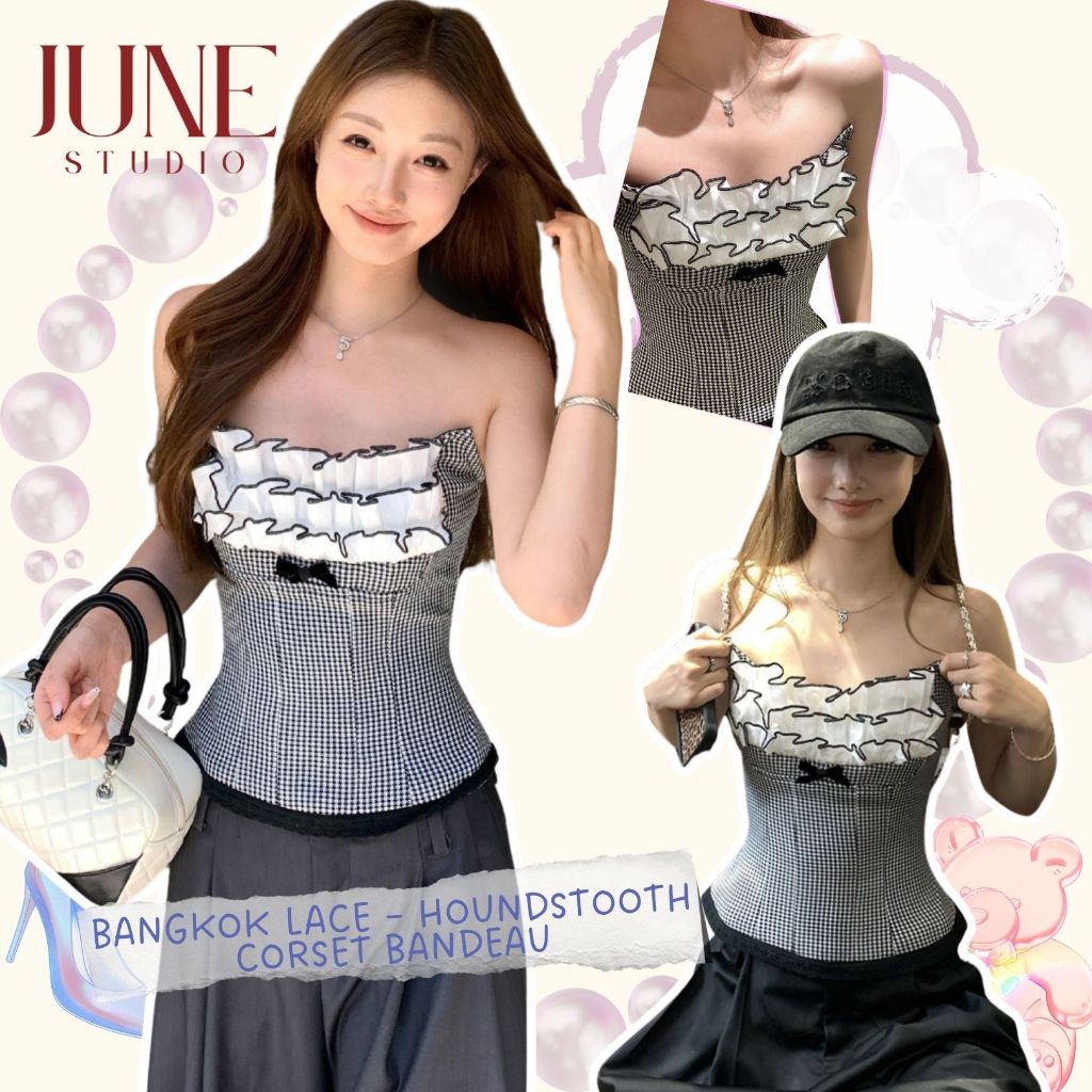 [June Studio] Retro Houndstooth Ruffled Tube Top สลิมฟิต ไม่มีสาย เหมือนเสื้อ.camisole