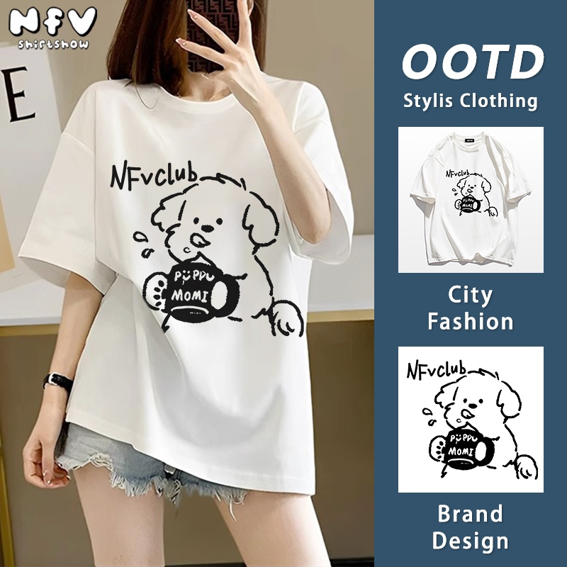 NFV สไตล์เกาหลี✨เสื้อยืด oversize ลายสุนัขเส้น ทรงหลวม ผ้าฝ้าย100% ใส่สบาย ฤดูร้อน ระบายอากาศ t-shirt YG381