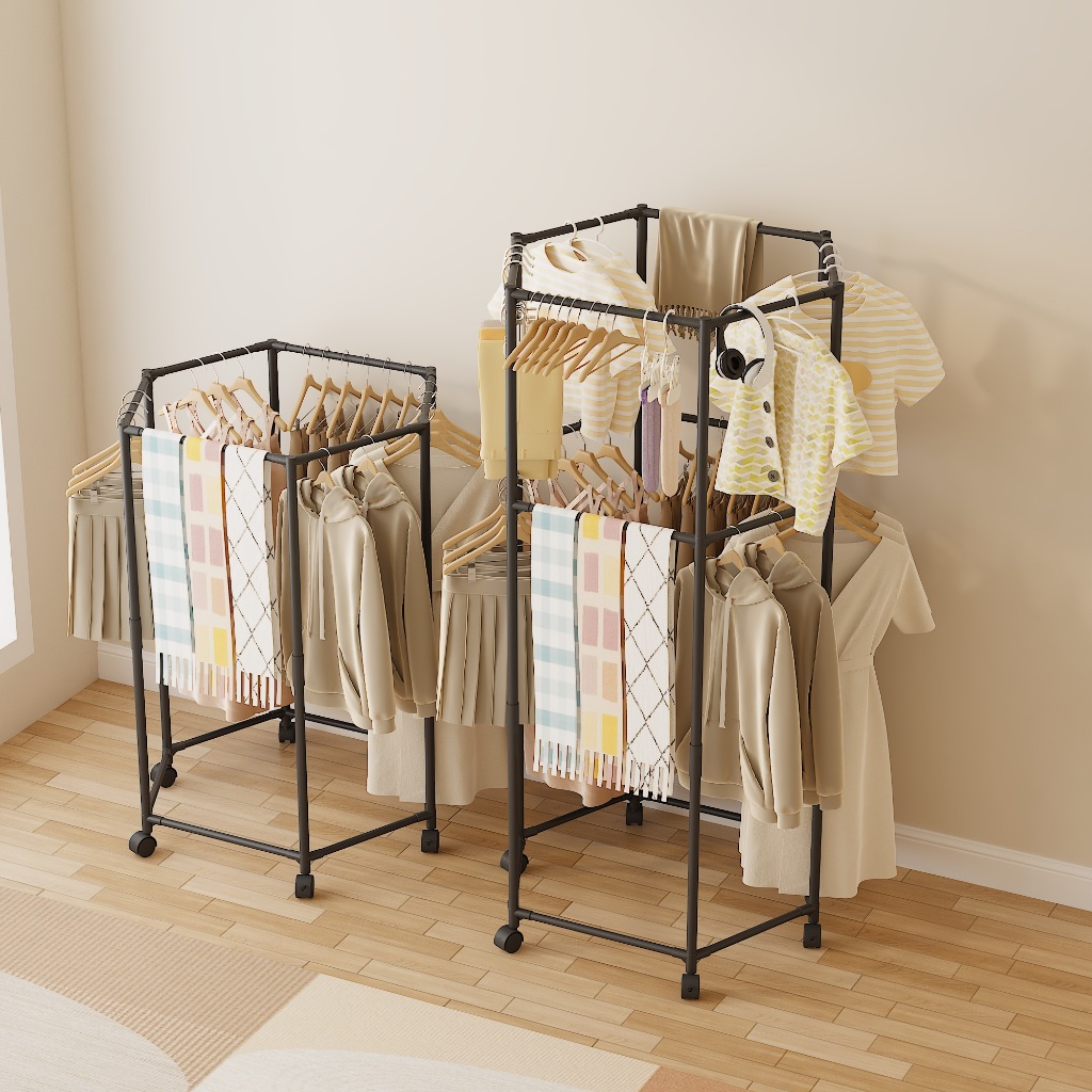 เคลื่อนย้ายได้สองชั้นอเนกประสงค์ 360 ° รอก ไม้แขวนเสื้อห้องนั่งเล่น ไม้แขวนเสื้อห้องนอน ไม้แขวนเสื้อมือถือ