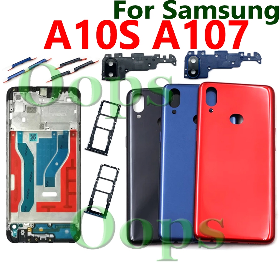 สําหรับ Samsung Galaxy A20S A207 A207F ฝาหลังแบตเตอรี่ปุ่มปรับระดับเสียงปิดปุ่มแบตเตอรี่ฝาครอบประตูด้านหลัง + กรอบด้านหน้า LCD + ถาดซิมเปลี่ยนการ์ด