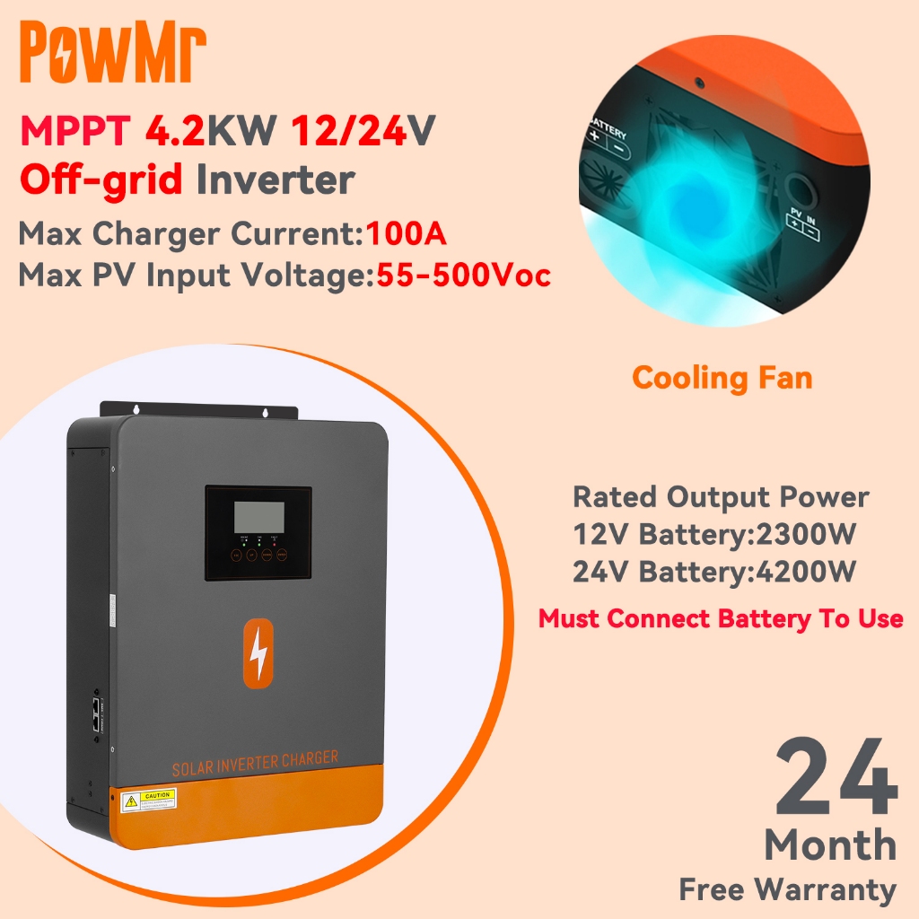 ร้านค้าอย่างเป็นทางการPowMr MPPT 4.2KW Solar Hybrid Inverter ในตัว 100A Solar Charge Controller รองร