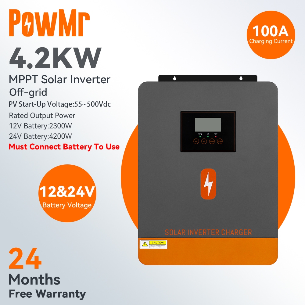 PowMr 4.2KW 12V/24V อินเวอร์เตอร์พลังงานแสงอาทิตย์ไฮบริดออฟกริดในตัว 100A MPPT คอนโทรลเลอร์ชาร์จพลัง