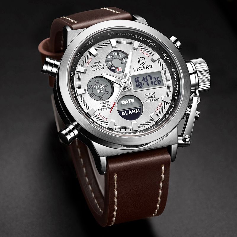 LICARR แฟชั่นชั้นนํานาฬิกาปลุกโครโนกราฟปฏิทินกันน้ําส่องสว่างนาฬิกาผู้ชาย 9507