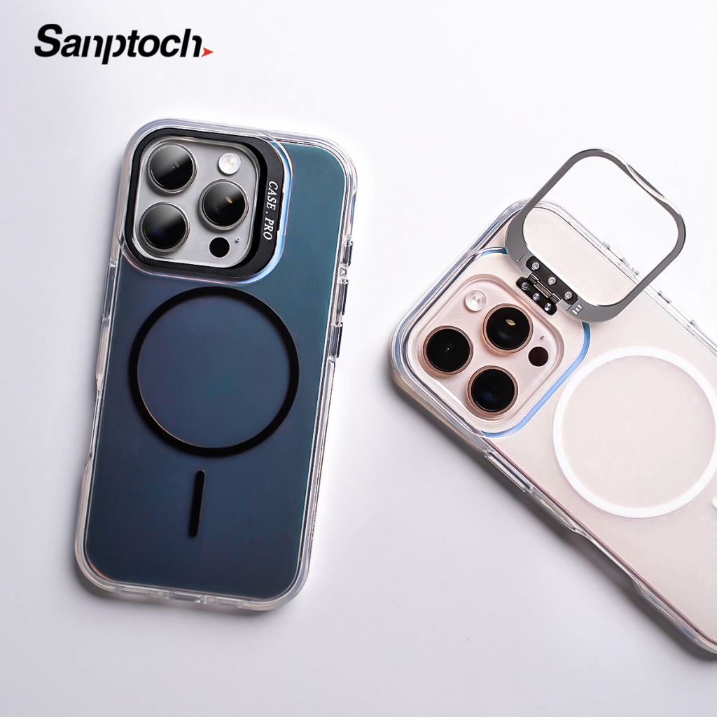 Sanptoch สําหรับเลเซอร์แม่เหล็ก Matte เลนส์ขาตั้งเคสโทรศัพท์สําหรับ iPhone 17 16 15 14 13 Pro Max Frosted Anti-Fingerprints ฝาครอบในตัวผู้ถือกล้องทหารกันกระแทกป้องกัน