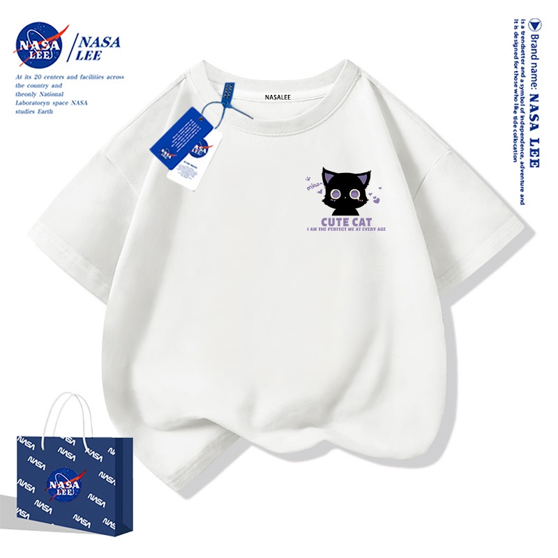 【จัดส่งภายใน 48 ชั่วโมง】เสื้อยืดเด็ก NASA สีขาว ผ้าฝ้ายพรีเมียม ลายแมวน่ารัก สำหรับเด็กชาย-เด็กหญิง นุ่มสบายผิว ระบายอากาศดี