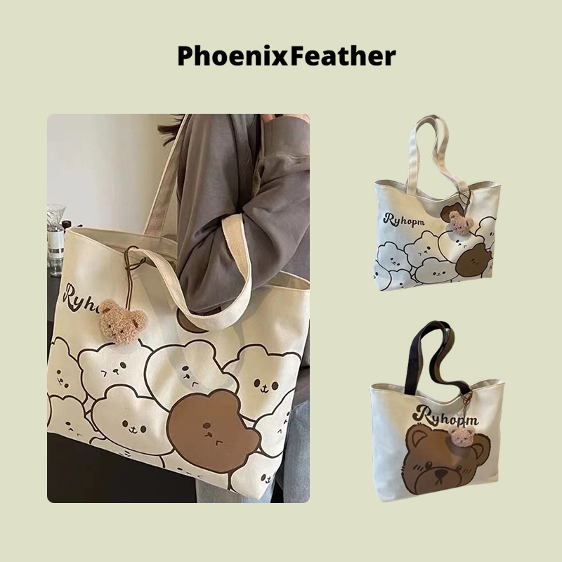 Phoenix Feather กระเป๋าสะพายไหล่ผ้าใบนักเรียนความจุขนาดใหญ่