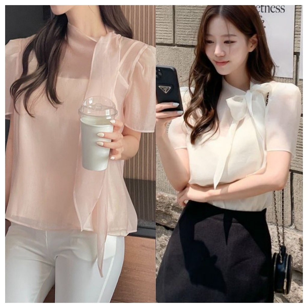 เสื้อผ้าชีฟองซีทรูแขนสั้นผูกโบว์แฟชั่น