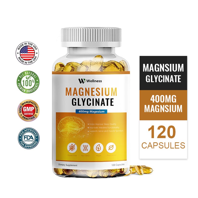 Wellness Magnesium Glycinate 400 มก. พร้อม (วิตามินบี 6, D3) บรรเทาความเครียดและปรับปรุงคุณภาพการนอนหลับ