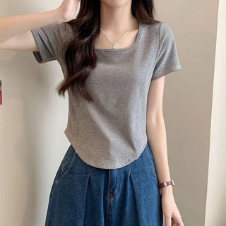 💥 จัดส่งจากกรุงเทพฯ เสื้อยืดแขนสั้นคอเหลี่ยมสไตล์เกาหลี ดีไซน์เข้ารูปด้วยกระดูกปลา สีพื้น ใส่ได้หลากหลาย