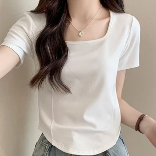 💥 จัดส่งจากกรุงเทพฯ เสื้อยืดแขนสั้นคอเหลี่ยมสไตล์เกาหลี ดีไซน์เข้ารูปด้วยกระดูกปลา สีพื้น ใส่ได้หลากหลาย