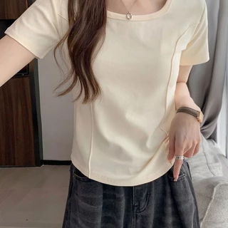 💥 จัดส่งจากกรุงเทพฯ เสื้อยืดแขนสั้นคอเหลี่ยมสไตล์เกาหลี ดีไซน์เข้ารูปด้วยกระดูกปลา สีพื้น ใส่ได้หลากหลาย