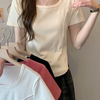 💥 จัดส่งจากกรุงเทพฯ เสื้อยืดแขนสั้นคอเหลี่ยมสไตล์เกาหลี ดีไซน์เข้ารูปด้วยกระดูกปลา สีพื้น ใส่ได้หลากหลาย