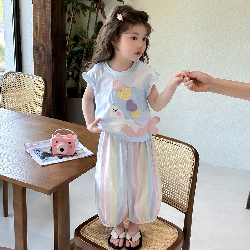 [อ่าน คลังสินค้า] 3-14 ปีเด็กผู้หญิงชุดฤดูร้อน 2025 เด็กใหม่การ์ตูนยุงกางเกงสบายๆสองชิ้นชุดฤดูร้อนเด็กชุด