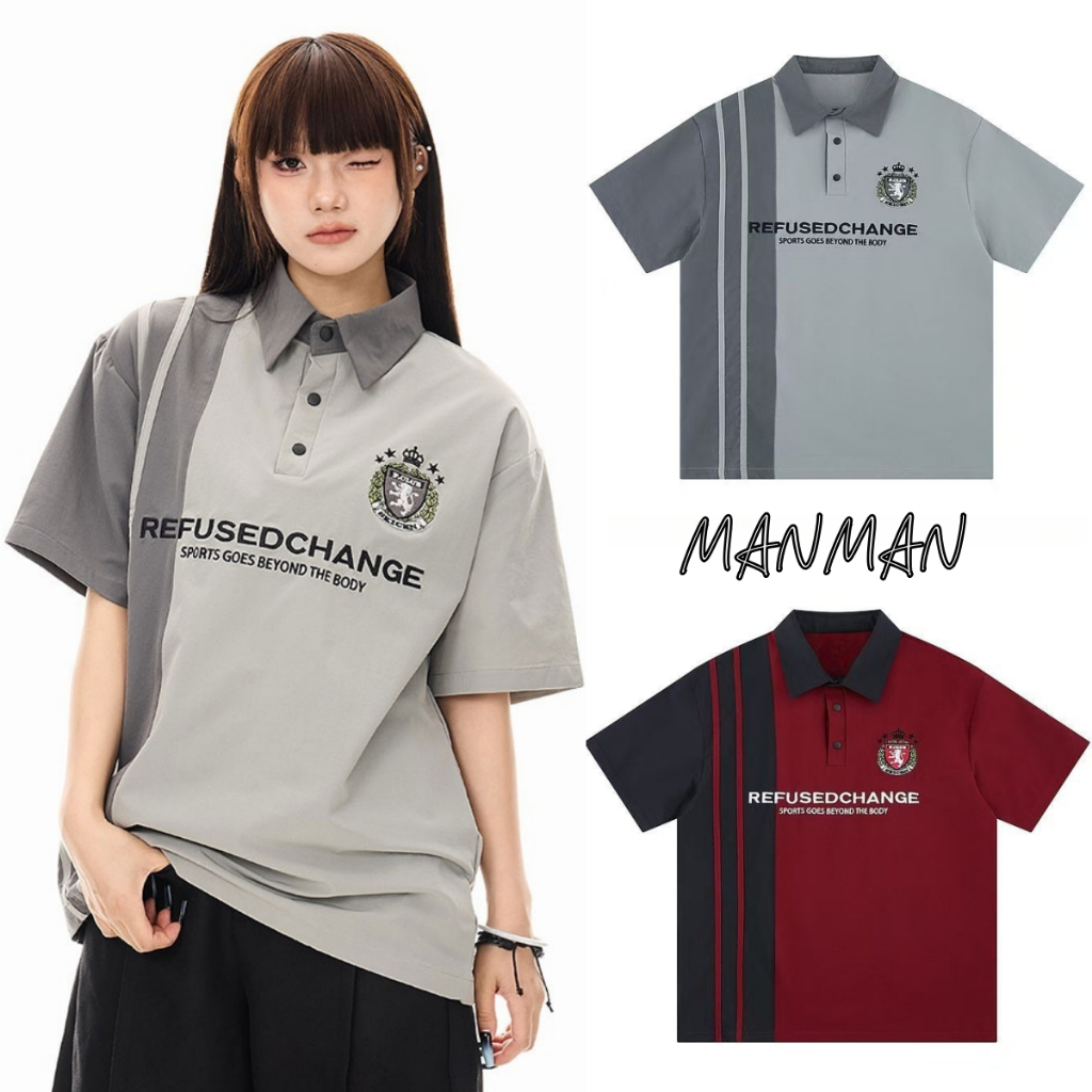 M＆M เสื้อโปโล การออกแบบลายทาง พิมพ์ลายตัวอักษร สีต่อ อินเทรนด์สไตล์อเมริกัน