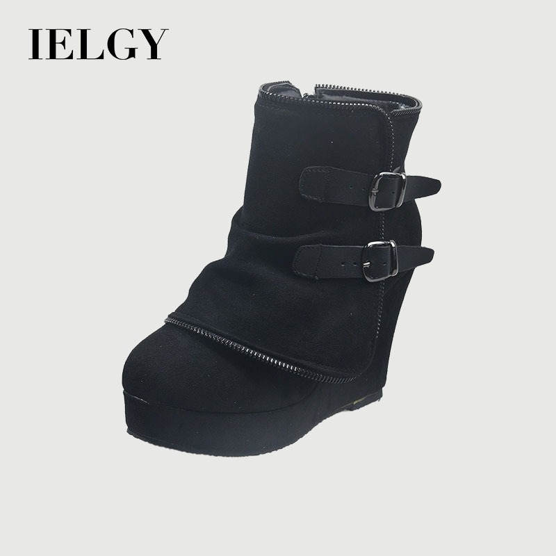 IELGY รองเท้าลิ่มผู้หญิงสีเทามีสไตล์และสะดวกสบายพร้อมการออกแบบหัวเข็มขัดโลหะ